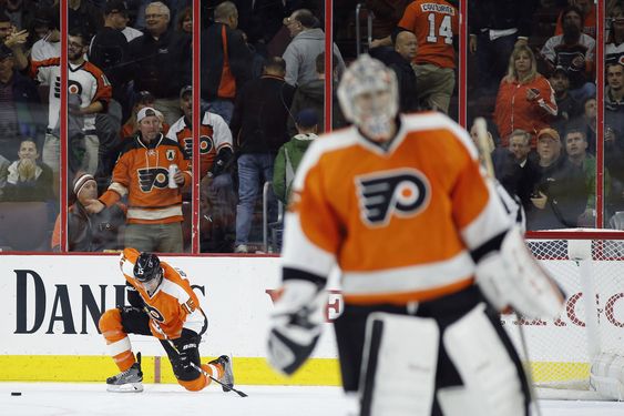 Del Zotto left pauses as Steve Mason skates off the ice after the Flyers lost to the San Jose Sharks 1-0 in overtime during an NHL hockey game Thursday Nov. 19 2015 in Philadelphia