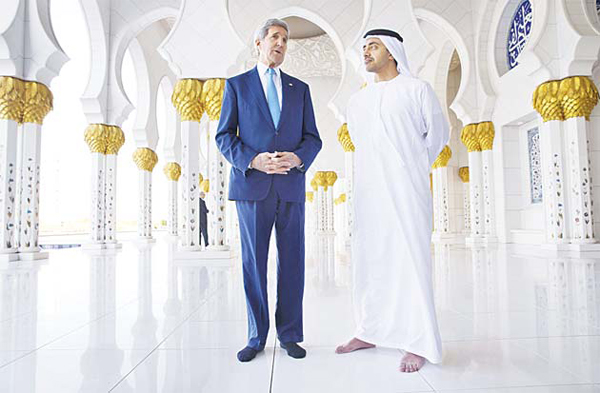 Standing without shoes as a sign of respect in the mosque US Secretary of State John Kerry, and United Arab Emirates Foreign Minister Sheikh Abdullah bin Zayed Al-Nahyan speak to the media after touring the Sheikh Zayed Grand Mosque in Abu Dhabi