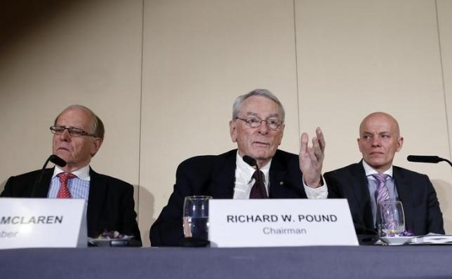 Richard W. Pound, World Anti Doping Agency Founding President and former IOC Vice President speaks next to Richard H. Mc Laren, Legal Counsel and member of the Court of Arbitration for Sport and Guenter Younger Head of Department Cybe