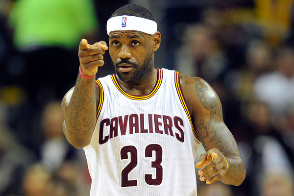 Cleveland Cavaliers forward Le Bron James reacts in the third quarter against the Orlando Magic at Quicken Loans Arena