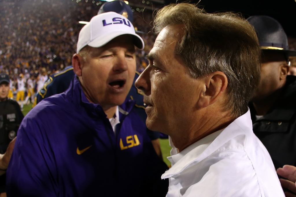 Les Miles and Nick Saban Les Miles vs. Nick Saban Alabama LSU spread Alabama LSU pick against the spread LSU Alabama Vegas odds