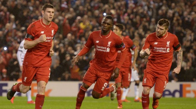 Liverpool midfielder James Milner celebrates after scoring from the penalty spot during a UEFA Europa League group B football match between Liverpool and Bordeaux at Anfield in Liverpool