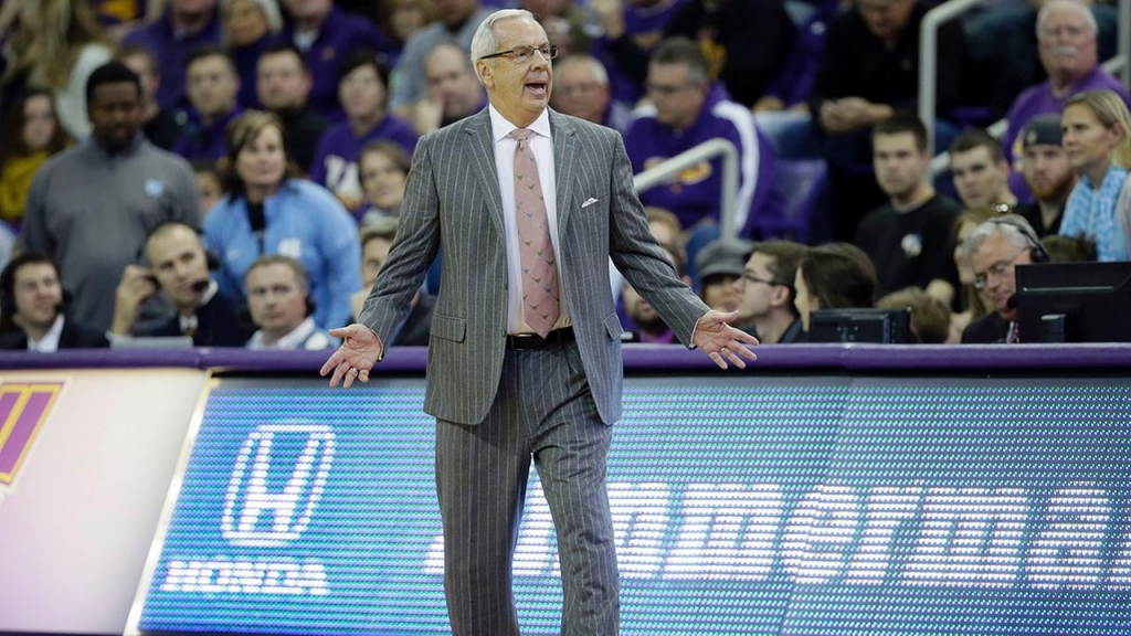 North Carolina head coach Roy Williams questions a call during the first half of an NCAA college basketball game against Northern Iowa