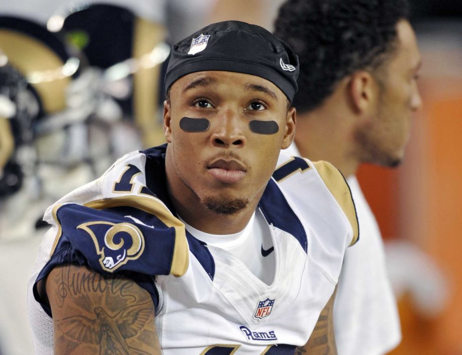 Rams wide receiver Stedman Bailey watching from the bench in the fourth quarter of a preseason NFL football game against the Cleveland Browns in Cleveland. Suspended Rams wide receiver Stedman Bailey