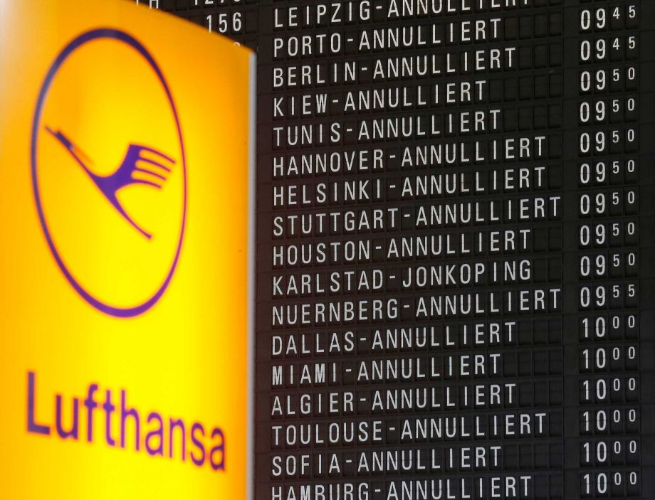 Cancelled flights appear on a board in a terminal of the airport as flight attendants of Lufthansa airline went on strike for the fourth day in Frankfurt Germany Monday Nov. 9 2015