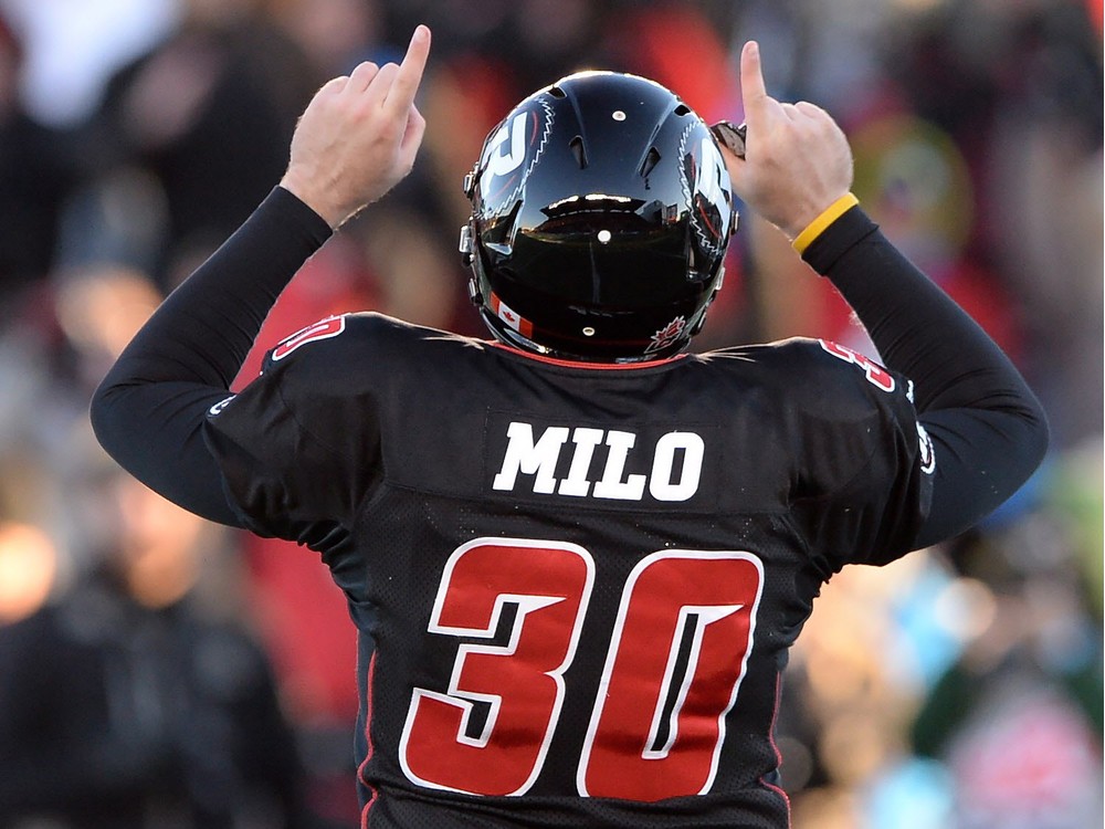 Ottawa Redblacks kicker Chris Milo celebrates one of his four field goals in Sunday's 35-28 victory over the visiting Hamilton Tiger Cats in the CFL's East Division final