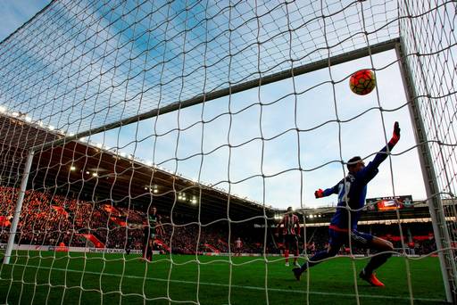 Maarten Stekelenburg of Southampton fails to stop Bojan's effort