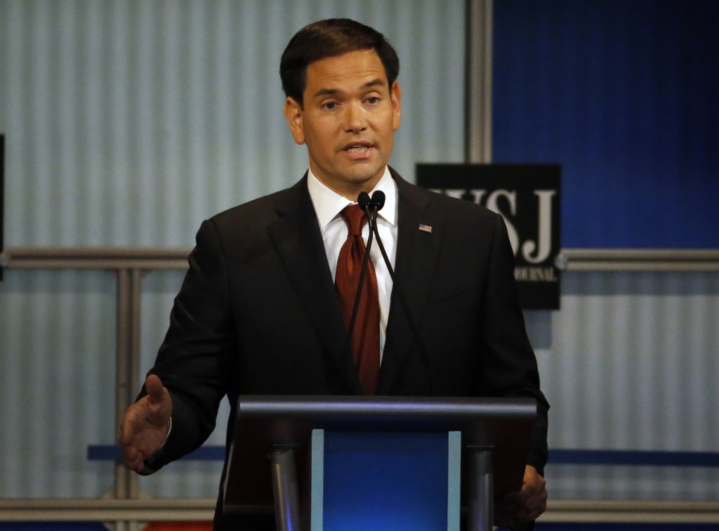 Marco Rubio speaks during the Republican presidential debate at Milwaukee Theatre on Tuesday