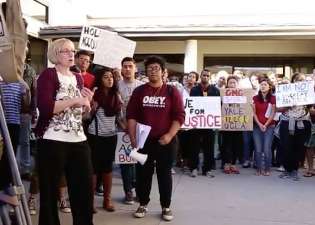 Mary Spellman at yesterday's student protest