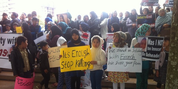 Members of Auckland's Muslim community in Aotea Square today