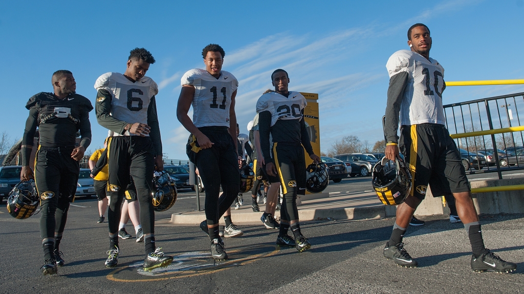 Members of the University of Missouri Tigers football team return to practice Nov. 10 at Memorial Stadium in Columbia Mo