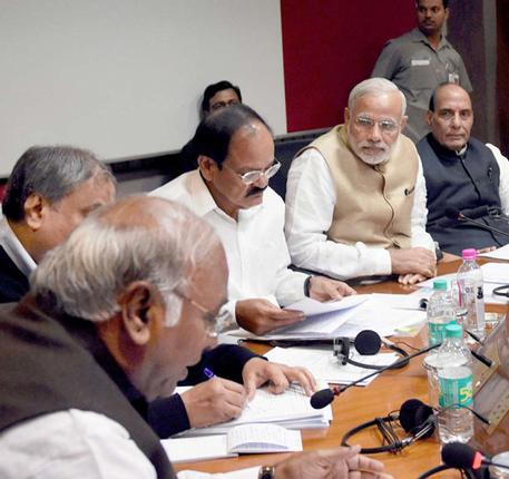 All ears Prime Minister Narendra Modi Home Minister Rajnath Singh and Parliamentary Affairs Minister M Venkaiah Naidu listen to Opposition leader Mallikharjun Kharge