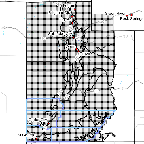 Dots indicate the area included in the wintry weather advisory Utah Nov. 22 2015 1:45 p.m