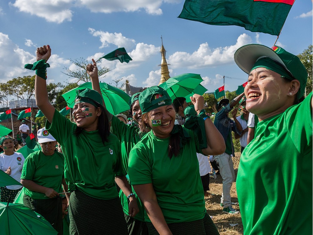 Supporters of the Union Solidarity and Development Party take part in a rally in Yangon on Nov. 6 2015 two days ahead of the landmark elections in Burma