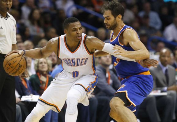 Oklahoma City Thunder guard Russell Westbrook drives