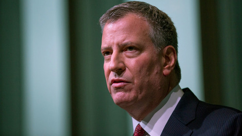 New York City Mayor Bill de Blasio speaks during the Police Athletic League December Luncheon in Manhattan