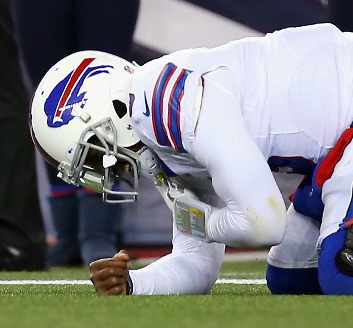 FOXBORO MA NOVEMBER 23 Tyrod Taylor #5 of the Buffalo Bills is injured during the fourth quarter against the New England Patriots at Gillette Stadium