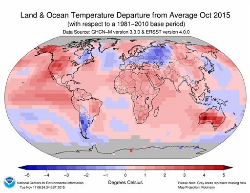 This graphic provided by National Oceanic and Atmospheric Administration shows land and ocean temperatures for October 2015. Even for a record breaking hot year for Earth October stood out as absurdly warm. The hottest October on record by a third