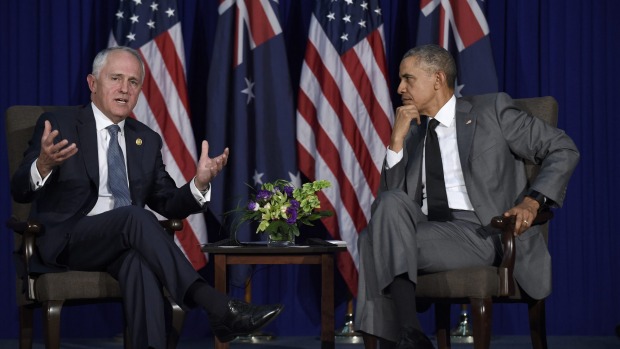 US President Barack Obama listens as Prime Minister Malcolm Turnbull in Manila on Tuesday. Turnbull says the main obstacle the TPP being implemented is the US Congress