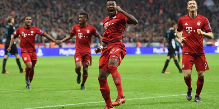 Bayern Munich David Alaba celebrates after scoring the third goal against Arsenal in the UEFA Champions League Group ‘F’ match in Munich