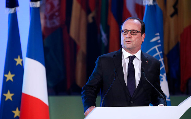 French President Francois Hollande delivers a speech for the 70th General Conference of the United Nations Educational Scientific and Cultural Organization at their headquarters in Paris France