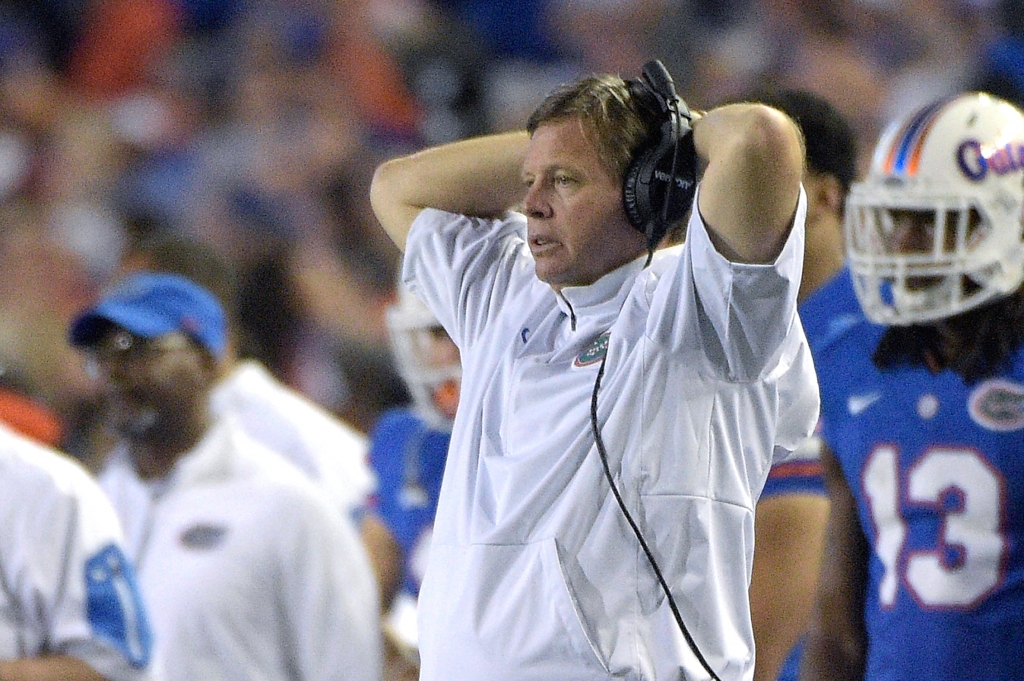 Florida head coach Jim Mc Elwain reacts from the sideline during the second half of an NCAA college football game against Florida State in Gainesville Fla. Saturday Nov. 28 2015. Florida State won 27-2