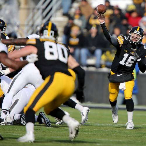 C.J. Beathard throws a pass during the first half of an NCAA college football game against Purdue Saturday Nov. 21 2015 in Iowa City Iowa