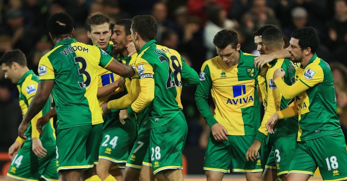 Norwich City Celebrate Lewis Grabban's equaliser against Arsenal