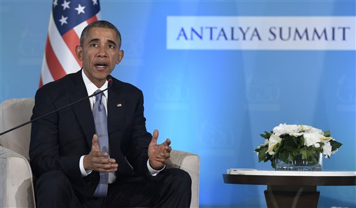 U.S President Barack Obama speaks during a press availability with Turkey’s President Recep Tayyip Erdogan in Antalya Turkey Sunday Nov. 15 2015