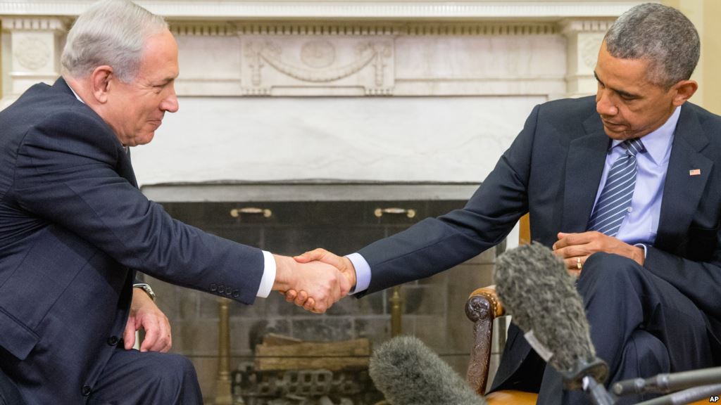 President Barack Obama shakes hands with Israeli Prime Minister Benjamin Netanyahu in the Oval Office of the White House in Washington Nov. 9 2015