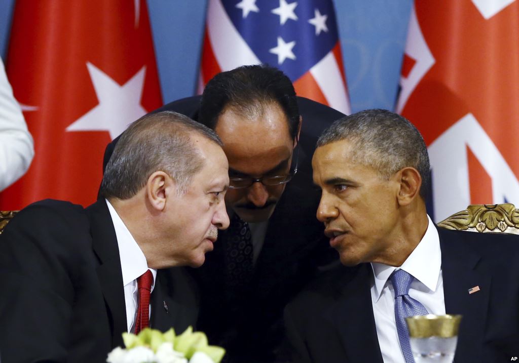 Turkish President Recep Tayyip Erdogan left and U.S. President Barack Obama chat during a session of the G-20 Summit in Antalya Turkey Nov. 15 2015