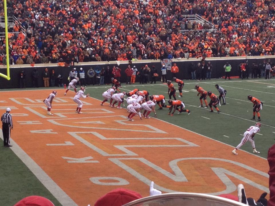 University of Oklahoma quarterback Blake Bell leads a fourth-quarter drive against Oklahoma State University during the 2013 Bedlam matchup in Stillwater