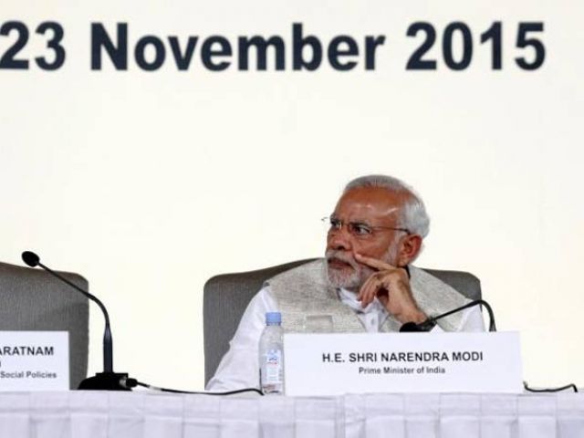 Prime Minister Narendra Modi reacts before speaking at the Yusof Ishak Institute’s 37th Singapore Lecture in Singapore