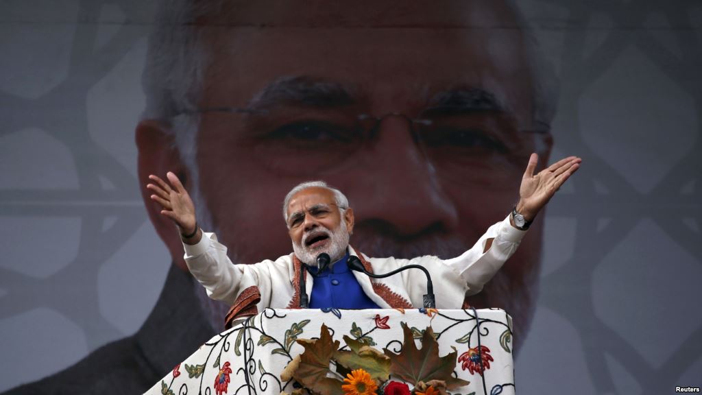 India's Prime Minister Narendra Modi addresses a rally in Srinagar Nov. 7 2015. Modi pledged $12.10 billion in funds to bolster development and economic growth in Kashmir a year after the worst flooding in more than a century destroyed half a milli