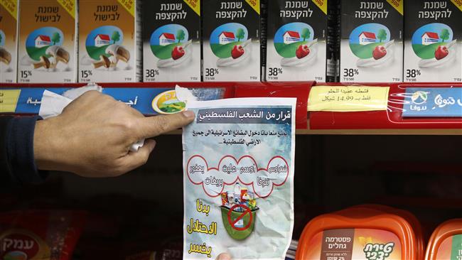 A Palestinian activist sticks a leaflet calling for the boycott of Israeli products to a shelf selling Israeli dairy products in a supermarket in the West Bank town of Bethlehem