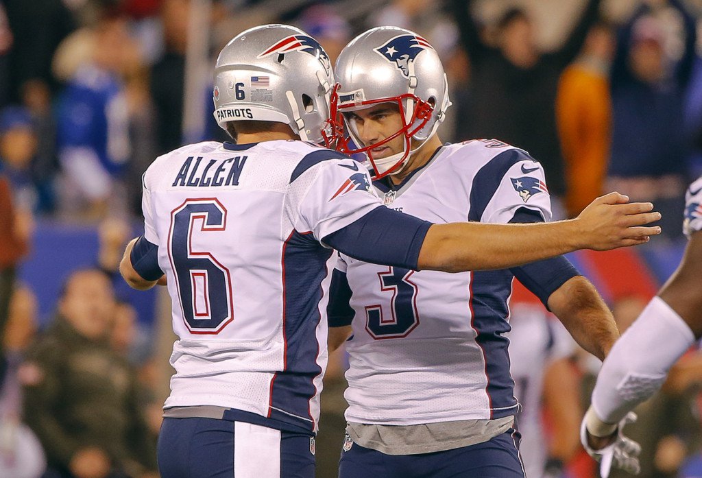 Patriots punter and holder Ryan Allen congratulates kicker Stephen Gostkowski on his game-winning field goal against the New York Giants with 1 second remaining at Met Life Stadium. Jim O’Connor  USA Today