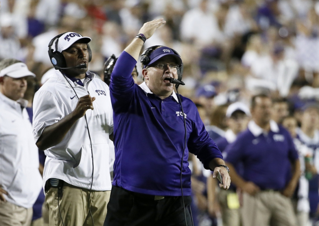 TCU head coach Gary Patterson instructs his team during an NCAA college football game against SMU Saturday Sept. 19 2015 in Fort Worth Texas