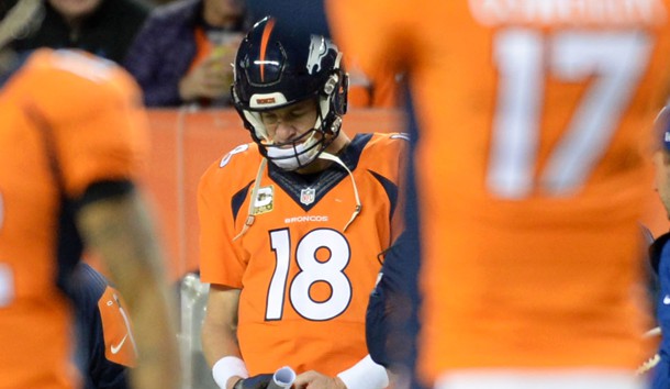 Nov 15 2015 Denver CO USA Denver Broncos quarterback Peyton Manning on the sidelines shortly after being replaced in the fourth quarter by quarterback Brock Osweiler  against the Kansas City Chiefs at Sports Authority Field at M