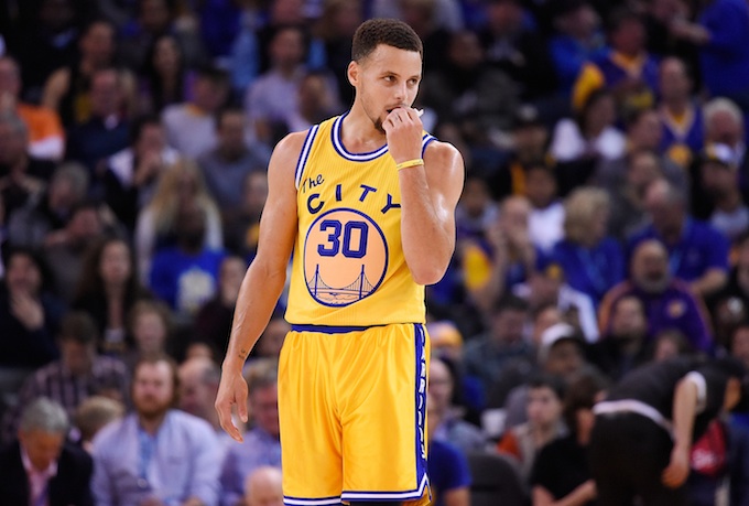 Steph Curry looks on in a game against the Los Angeles Lakers