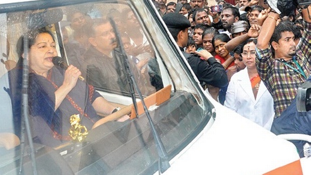 Chief Minister J Jayalalithaa during her visit to the R K Nagar constituency in Chennai on Monday | express