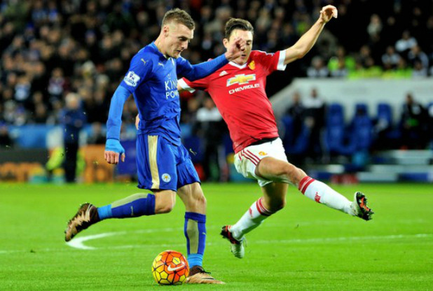 Jamie Vardy scores his record-breaking goal against Manchester United