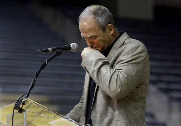 Pinkel pauses while speaking about his players during a news conference Monday Nov. 16 2015 in Columbia Missouri. Pinkel has announced he will resign following the 2015 season after being diagnosed with lymphoma in May