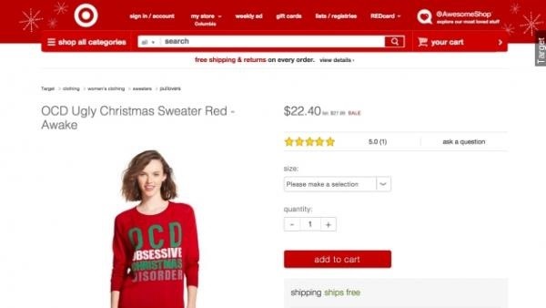 Some shoppers think Target's'Obsessive Christmas Disorder sweater is in poor taste. But Target has no plans to remove