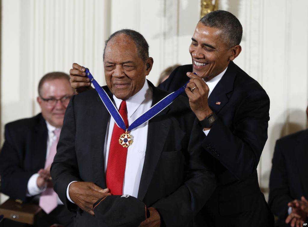 President Barack Obama presents the Presidential Medal of Freedom to Willie Mays during a ceremony Nov. 24 2015 in the East Room of the White House