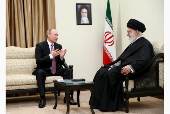 Russian President Vladimir Putin and Iran's Supreme Leader Ayatollah Ali Khamenei meet on Monday. Moscow and Tehran have been the key backers of Syria's president throughout his nation’s civil war which has turned millions into refugees