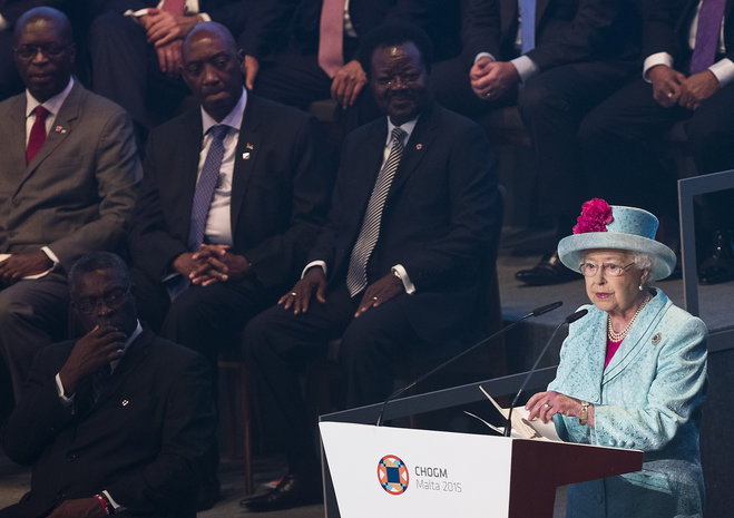 Britain Queen Elizabeth II delivers her speech in front of the heads of government at the opening of the CHOGM in Valletta Malta Friday Nov. 27 2015. The summit is expected to deal with climate change the