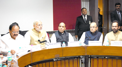 Prime Minister Narendra Modi with Home Minister Rajnath Singh Union Finance Minister Arun Jaitley Parliamentary Affairs Minister M Venkaiah Naidu and Minister of State for Parliamentary Affairs Mukhtar Abbas Naqvi during the All Party Meeting on the