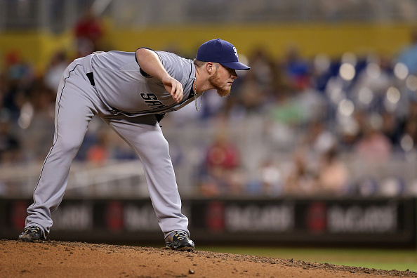 MIAMI FL- AUGUST 01 Craig Kimbrel #46 of the San Diego Padres pitches during the ninth inning of the game against the Miami Marlins at Marlins Park