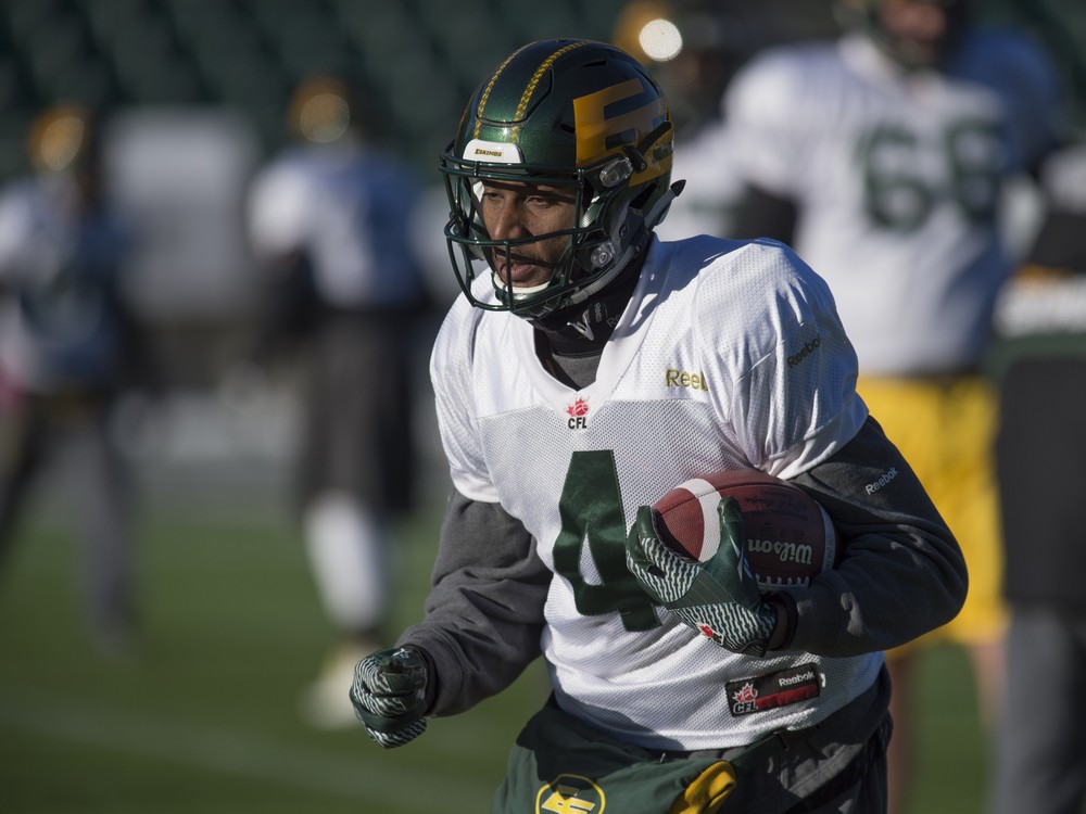 Eskimos receiver Adarius Bowman practises at Commonwealth Stadium on Thursday in advance of the CFL Western Final against the Calgary Stampeders on Sunday. Bowman has evolved into a leader for Edmonton and will be a key player in Sunday's game