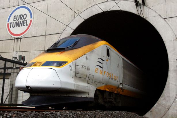 A high-speed Eurostar train leaves the Channel tunnel near the Eurotunnel terminal of Coquelles near Calais northern France